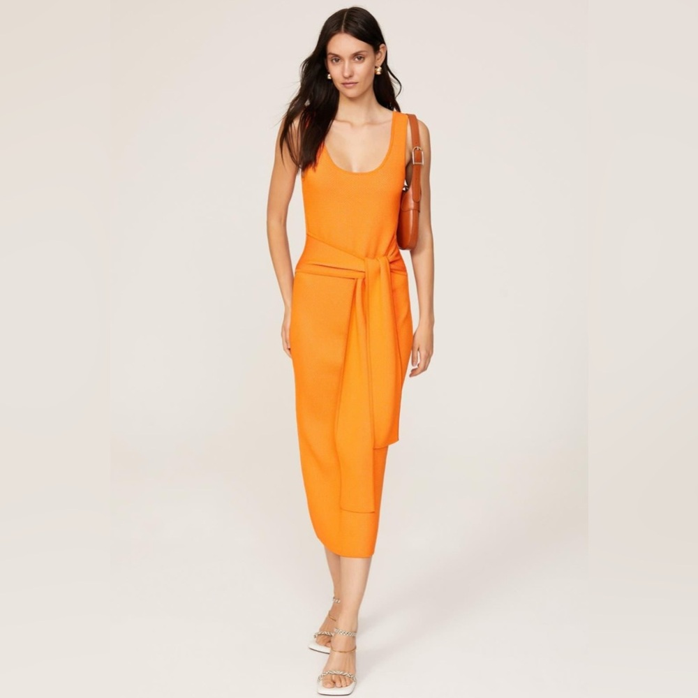 Chic Orange Midi Dress with Tie Detail